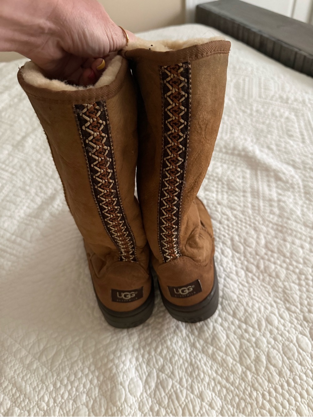 UGG Chestnut Suede Shearling-Lined Embroidered Back-Strip Boots